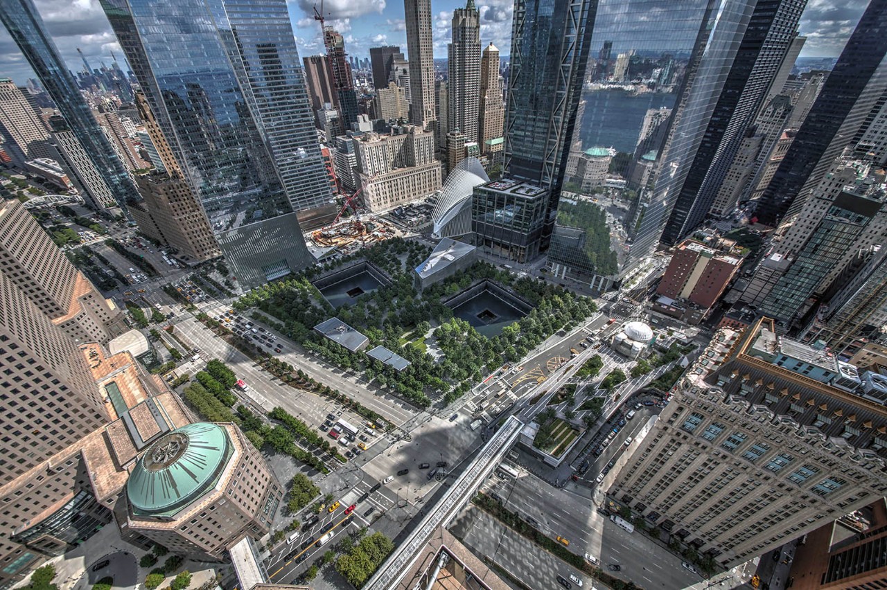 A view of the World Trade Center campus from above, including the Oculus and 9/11 Memorial and Museum